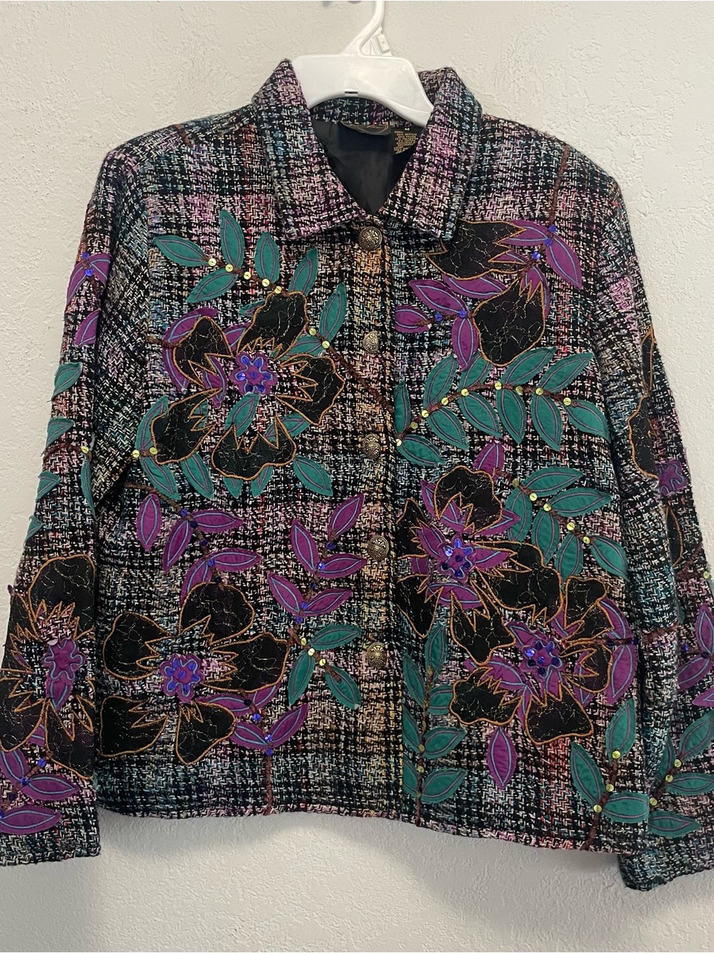 Vtg Julia Kim Wearable Art Flower Floral Embroidered Jacket Blazer Womens M